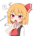  1girl 1other ahoge ascot bangs black_vest blonde_hair blush disembodied_limb eyebrows_visible_through_hair hair_ribbon highres nihohohi open_mouth red_ascot red_eyes red_ribbon ribbon rumia solo_focus tongue tongue_grab tongue_out toothbrush toothpaste touhou upper_body vest wing_collar 