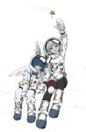  2girls alternate_costume animal_ears arm_up asahi_(uwa) bangs blue_hair closed_eyes commentary_request crescent english_text full_body helmet holding_hands kishin_sagume leaning_on_person multiple_girls orbit rabbit_ears seiran_(touhou) single_wing spacesuit star_(symbol) touhou white_background wings 