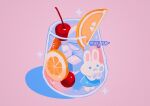  artist_name blue_dress bunny cherry commentary cup dress food fruit highres ice ice_cube meyoco no_humans orange_(fruit) orange_slice original pink_background shadow simple_background sparkle symbol-only_commentary 