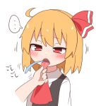  ... 1girl 1other ahoge ascot bangs black_vest blonde_hair blush disembodied_limb eyebrows_visible_through_hair hair_ribbon highres nihohohi open_mouth red_ascot red_eyes red_ribbon ribbon rumia solo_focus spoken_ellipsis tongue tongue_grab tongue_out toothbrush toothbrush_in_mouth touhou upper_body vest wing_collar 
