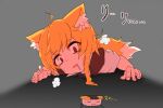  1girl :3 animal_ear_fluff animal_ears asymmetrical_hair bangs black_necktie blonde_hair brown_vest collared_shirt commentary_request cookie_(touhou) crawling drooling eyebrows_visible_through_hair food fox_ears fox_girl fox_tail grey_background hair_between_eyes hungry looking_at_food lying medium_hair miramikaru_riran necktie omelet on_stomach open_mouth red_eyes shirt short_sleeves sidelocks solo sushi tail tamagoyaki tearing_up translation_request upper_body uwu vest white_shirt yan_pai 