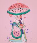  1girl absurdres artist_name bag black_eyes dripping food fruit highres holding holding_umbrella long_hair long_sleeves meyoco original own_hands_together pink_background pink_hair profile rain shoulder_bag solo sparkle transparent transparent_umbrella umbrella upper_body water_drop watermelon 