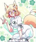  1girl animal_ear_fluff animal_ears bangs blonde_hair blush breasts commentary cropped_legs english_commentary eyebrows_visible_through_hair floral_background fox_ears fox_shadow_puppet fox_tail green_background green_ribbon hair_between_eyes highres kudamaki_tsukasa littlecloudie looking_to_the_side medium_breasts octagon ribbon romper slit_pupils smile solo squatting tail touhou white_sleeves yellow_eyes 