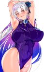  1girl armpits arms_behind_head arms_up bangs bare_shoulders blush breasts cle_masahiro covered_navel earrings fate/grand_order fate_(series) flower hair_flower hair_ornament hair_ribbon highleg highleg_swimsuit highres jewelry kama_(fate) kama_(swimsuit_avenger)_(fate) large_breasts long_hair looking_at_viewer lotus multicolored_hair one-piece_swimsuit open_mouth purple_hair purple_swimsuit red_eyes ribbon silver_hair smile solo star_(symbol) star_earrings swimsuit thick_thighs thighs two-tone_hair white_background 