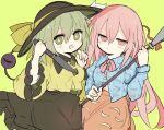  2girls 76gpo :/ :d bangs black_headwear blue_shirt blush bow breasts bright_pupils closed_mouth clothing_cutout commentary eyebrows_visible_through_hair feet_out_of_frame frills green_background green_eyes green_hair hair_between_eyes hand_up hands_up hat hat_bow hata_no_kokoro holding holding_knife holding_polearm holding_weapon jitome knife komeiji_koishi long_sleeves looking_at_viewer mask mask_on_head massakasama_(style) medium_breasts multiple_girls open_mouth orange_skirt pink_bow pink_eyes pink_hair pink_neckwear plaid plaid_shirt polearm shirt short_hair simple_background skirt smile spear third_eye touhou weapon wide_sleeves wing_collar yellow_bow yellow_shirt 