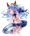  1girl achan_(blue_semi) animal_ears bangs bare_shoulders bikini bikini_skirt blue_bikini blue_hair bracelet breasts chain_earrings chinese_commentary cleavage closed_mouth collarbone collared_bikini commentary_request erune feet_out_of_frame ferry_(granblue_fantasy) flower ghost granblue_fantasy hair_flower hair_ornament innertube jewelry leaning_forward long_hair looking_at_viewer medium_breasts nicola_(granblue_fantasy) official_alternate_costume simple_background smile solo swimsuit thigh_strap wavy_hair white_background yellow_eyes 
