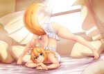  1girl animal_ears ass bangs blonde_hair blue_eyes blush bra character_request curtains dlsite.com erkaz fox_ears fox_girl fox_tail full_body hands_on_ground highres jack-o&#039;_challenge long_hair panties pillow red_nails smile solo tail top-down_bottom-up underwear underwear_only white_bra white_panties wide_spread_legs window 
