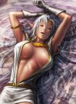  1girl areola_slip areolae armlet arms_up belt breasts breasts_apart covered_nipples cropped fujii_eishun gloves grey_gloves large_breasts long_hair open_mouth pirotess pointy_ears record_of_lodoss_war red_eyes shadow short_sleeves solo upper_body white_hair 