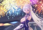  1girl answering azur_lane balcony bare_shoulders belfast_(azur_lane) belfast_(the_noble_attendant)_(azur_lane) blue_eyes braid breasts broken broken_chain chain champion_uniform cleavage cleavage_cutout clothing_cutout criss-cross_halter dress elbow_gloves evening_gown fireworks french_braid gloves gold_chain halter_dress halterneck highres huge_breasts light_purple_hair long_hair looking_at_viewer official_alternate_costume outdoors purple_gloves sleeveless sleeveless_dress standing very_long_hair 
