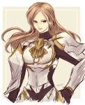 1girl armor artist_request back_cutout blonde_hair bodysuit breastplate breasts brown_eyes brown_hair cleavage clothing_cutout cross-laced_clothes dangle_earrings earrings highres jewelry kisara_(tales) long_hair looking_at_viewer shield shoulder_armor simple_background solo tales_of_(series) tales_of_arise 