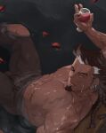  1boy abs bara braid completely_nude cup dark-skinned_male dark_skin drinking_glass earrings flaccid from_above granblue_fantasy holding holding_cup jewelry jingisu_kan_(bara_artist) large_pectorals long_hair long_sideburns looking_at_viewer male_focus male_pubic_hair mature_male multiple_braids muscular muscular_male nude old old_man partially_submerged pectorals penis petals pubic_hair see-through sideburns solo stomach thighs wet wine_glass wrinkled_skin yngwie 