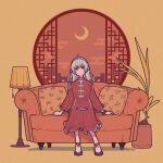  1girl ahoge bangs black_footwear brown_background couch crescent_moon dress earrings egasumi grey_eyes grey_hair hairband highres jewelry lamp leaf long_hair long_sleeves moon original pillow plant potted_plant purple_hairband red_dress shadow shoes sitting solo yoshi_mi_yoshi 