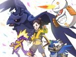  1boy :d bright_pupils brown_eyes brown_hair commentary_request corviknight cramorant galarian_darmanitan galarian_darmanitan_(zen) gloves hair_bun highres holding holding_poke_ball knee_pads kooeiatd111020 kubfu male_focus master_dojo_uniform open_mouth poke_ball poke_ball_(basic) pokemon pokemon_(creature) pokemon_(game) pokemon_swsh sash shirt short_hair shorts smile tongue toxtricity toxtricity_(amped) victor_(pokemon) white_gloves white_pupils 