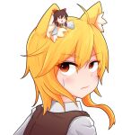  &gt;_&lt; 2girls ahoge animal_ear_fluff animal_ears ascot asymmetrical_hair bangs blonde_hair bow brown_hair brown_vest closed_mouth collared_shirt commentary_request cookie_(touhou) detached_sleeves dress eyebrows_visible_through_hair fox_ears fox_girl hair_between_eyes hakurei_reimu highres looking_at_another medium_hair minigirl miramikaru_riran multiple_girls red_bow red_dress red_eyes ribbon-trimmed_sleeves ribbon_trim sakenomi_(cookie) shirt sidelocks simple_background sleeves_past_fingers sleeves_past_wrists sweatdrop touhou triangle_mouth upper_body vest white_background white_shirt white_sleeves yan_pai yellow_ascot 
