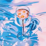  afloat artist_name cloth cup daisy drinking_glass flower highres meyoco no_humans original partially_immersed photo-referenced shadow signature water white_flower wine_glass 