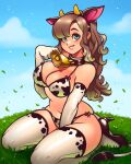  1girl absurdres animal_ears animal_print aqua_eyes bell bikini black_footwear blush breasts brown_hair character_request cleavage collar copyright_request cow_ears cow_horns cow_print cow_tail cowbell dandelion day elbow_gloves eyeshadow fake_animal_ears fake_horns flower gloves grass grin high_heels highres horns large_breasts lips long_hair looking_at_viewer makeup navel neck_bell outdoors parted_lips print_bikini print_legwear ravenousruss side-tie_bikini sitting skindentation sky smile solo swimsuit tail teeth thighhighs wariza wavy_hair white_legwear 