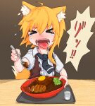  &gt;_&lt; 1girl animal_ear_fluff animal_ears bangs black_necktie blonde_hair bowl brown_vest burnt_tongue closed_eyes collared_shirt commentary_request cookie_(touhou) curry egg_yolk food fox_ears fox_girl fox_tail holding holding_spoon medium_hair miramikaru_riran necktie open_mouth shirt short_sleeves sidelocks solo spoon tail tongue tongue_out tonkatsu translation_request tray upper_body vest white_shirt yan_pai 