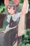  1girl absurdres animal_ears anus autoarousal bangs bar_censor blurry blurry_background blush breath bush censored commentary_request crystal dakuazu eyebrows_visible_through_hair feet_out_of_frame forest grey_hair grey_skirt grey_vest hand_on_own_leg heart highres jewelry long_sleeves looking_to_the_side mouse_ears mouse_girl mouse_tail nature nazrin no_panties open_mouth outdoors pendant pussy pussy_juice pussy_juice_trail red_eyes rock shirt short_hair skirt skirt_set solo split standing standing_on_one_leg standing_split tail thighs touhou tree vest white_shirt 