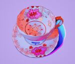  cup meyoco no_humans original photo-referenced plate purple_background shadow signature simple_background teacup 