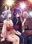  2girls aerial_fireworks animal_ear_fluff animal_ears aurapls blue_hair blush bow braid braided_bun carrot_print closed_eyes closed_mouth commentary cotton_candy double_bun english_commentary fireworks flower food_print grass hair_between_eyes hair_flower hair_ornament head_tilt highres holding holding_hands hololive hololive_indonesia interlocked_fingers japanese_clothes kimono long_sleeves moona_hoshinova multiple_girls night obi on_bench outdoors parted_lips pink_kimono purple_eyes purple_hair purple_kimono rabbit_ears red_bow red_flower red_rose red_sash rose sash sitting smile summer_festival usada_pekora virtual_youtuber wide_sleeves yukata yuri 