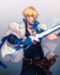  1boy belt black_pants black_shirt blonde_hair blue_eyes blue_gloves closed_mouth coat coat_on_shoulders commentary english_commentary fingernails gloves gradient gradient_background guilty_gear guilty_gear_strive highres holding holding_sword holding_weapon jacket kthovhinao_virmi ky_kiske looking_at_viewer male_focus pants partially_fingerless_gloves pectorals shirt short_hair smile solo standing sword weapon white_coat 