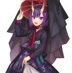  1girl bangs blush bob_cut breasts eyeliner fate/grand_order fate_(series) hanbok headpiece highres horns korean_clothes long_sleeves looking_at_viewer makeup oni oni_horns open_mouth purple_eyes purple_hair short_hair shuten_douji_(fate) skin-covered_horns small_breasts smile solo sookmo 