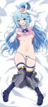  1girl aqua_(konosuba) arm_up ass_visible_through_thighs bangs blue_eyes blue_hair blush boots breasts clothes_lift clothes_pull collared_shirt commentary dakimakura_(medium) dress_shirt eggman_(pixiv28975023) embarrassed eyebrows_visible_through_hair full_body furrowed_brow groin hair_between_eyes hair_ornament hair_rings hand_up highres kono_subarashii_sekai_ni_shukufuku_wo! large_breasts long_hair long_sleeves looking_at_viewer lying navel no_bra on_back open_mouth panties panty_pull plaid plaid_skirt raised_eyebrows red_ribbon ribbon shiny shiny_hair shiny_skin shirt shirt_lift skindentation skirt skirt_pull solo striped striped_panties striped_ribbon sweat thigh_boots thighhighs thighs underboob underwear wavy_mouth white_shirt wing_collar 