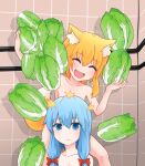  2girls ahoge animal_ear_fluff animal_ears asymmetrical_hair bangs blonde_hair blue_eyes blue_hair blush bow breasts cabbage censored closed_eyes closed_mouth commentary_request completely_nude cookie_(touhou) expressionless eyebrows_visible_through_hair feet_out_of_frame fox_ears fox_girl fox_tail hair_between_eyes hair_bow highres looking_at_viewer medium_breasts medium_hair miramikaru_miran miramikaru_riran mosaic_censoring multiple_girls nude red_bow sidelocks tail too_many yan_pai 