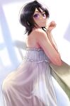  1girl ass black_hair bleach breasts camisole daraz18aka hair_between_eyes highres kuchiki_rukia long_hair looking_at_viewer see-through_silhouette shinigami short_hair simple_background small_breasts smile solo underwear 