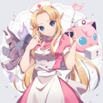  1girl 1other apron armor bitikara blonde_hair blue_eyes box dress earrings hat jewelry jigglypuff long_hair looking_at_viewer nurse_cap phantom_(the_legend_of_zelda) pill pink_dress pointy_ears pokemon pokemon_(creature) princess_zelda simple_background smile super_smash_bros. syringe the_legend_of_zelda the_legend_of_zelda:_a_link_between_worlds triforce white_apron 