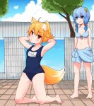  2girls ahoge alternate_costume animal_ear_fluff animal_ears armpits arms_up asymmetrical_hair bangs barefoot bikini blonde_hair blue_bikini blue_eyes blue_hair blue_sky blue_swimsuit blush bow breasts closed_mouth cloud cookie_(touhou) day eyebrows_visible_through_hair flower fox_ears fox_girl fox_tail full_body hair_between_eyes hair_bow hair_flower hair_ornament hands_in_hair highres kneeling looking_at_another medium_breasts medium_hair miramikaru_miran miramikaru_riran multiple_girls name_tag navel one-piece_swimsuit outdoors red_bow red_eyes sarong school_swimsuit sidelocks sky small_breasts smile standing swimsuit tail translated tree yan_pai yellow_flower 