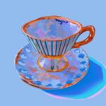  blue_background cup highres meyoco no_humans original photo-referenced plate shadow signature simple_background teacup 