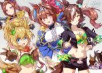  6+girls :&gt; agnes_tachyon_(umamusume) ahoge animal_ears belt black_hair blonde_hair blue_eyes blush breasts brown_gloves brown_hair center_frills commentary_request crop_top cup daiwa_scarlet_(umamusume) epaulettes fang frills gloves grey_background hair_intakes hair_ornament hair_over_one_eye hairband highres horse_ears horse_girl horse_tail jewelry large_breasts looking_at_viewer manhattan_cafe_(umamusume) multicolored_hair multiple_girls navel necklace open_mouth outstretched_arm pink_eyes pointing ponytail reaching_out sakura_bakushin_o_(umamusume) school_uniform shorts signature skin_fang small_breasts smile star_(symbol) star_hair_ornament streaked_hair taiki_shuttle_(umamusume) tail teeth tiara tracen_school_uniform trembling twintails twitter_username umamusume vodka_(umamusume) yanyo_(ogino_atsuki) 