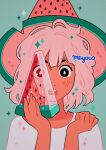  1girl absurdres aqua_background artist_name bangs black_eyes blush food food-themed_clothes fruit hat highres holding holding_food holding_fruit meyoco open_mouth original pink_hair portrait shirt short_hair simple_background solo sparkle transparent watermelon white_shirt witch_hat 