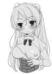  1girl bangs blush breasts closed_mouth conte_di_cavour_(kancolle) cropped_torso dress flashing gloves greyscale hair_between_eyes harukaze_unipo highres inverted_nipples kantai_collection large_breasts long_hair looking_to_the_side monochrome nipples one_breast_out short_sleeves simple_background solo sweat upper_body 