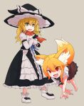  2girls all_fours animal_ears asymmetrical_hair bangs barefoot black_headwear black_skirt blonde_hair blue_bow bow braid breasts brown_background brown_skirt brown_vest cleavage commentary_request cookie_(touhou) eyebrows_visible_through_hair flying_sweatdrops fox_ears fox_girl fox_tail full_body green_eyes hair_between_eyes hair_bow hat hat_bow highres holding holding_poke_ball kirisame_marisa long_hair looking_at_another mars_(cookie) medium_breasts medium_hair miramikaru_riran multiple_girls open_mouth poke_ball poke_ball_(basic) pokemon red_eyes red_scarf scarf side_braid simple_background single_braid skirt tail touhou underbust vest white_bow witch_hat yan_pai 