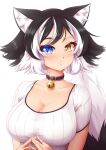  1girl :&lt; animal_ear_fluff animal_ears bell black_hair blue_eyes breasts cat_ears cat_girl cat_tail cleavage collar collarbone heterochromia highres jingle_bell kat_(mazume) large_breasts mazume multicolored_hair neck_bell original shirt short_hair short_sleeves solo steepled_fingers streaked_hair tail two-tone_hair upper_body white_hair white_shirt yellow_eyes 