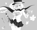  1boy 1girl assistant_(tejina_senpai) bird blush bow bowtie breasts cape card cardigan closed_mouth grey_background greyscale hat large_breasts looking_at_viewer miniskirt monochrome panties pantyshot playing_card sagara_riri simple_background sketch skirt tejina_senpai tejina_senpai_(series) top_hat twitter_username underwear 