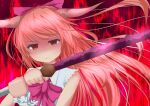  1girl bangs bow bowtie closed_mouth commentary_request cookie_(touhou) eyebrows_visible_through_hair hair_bow holding holding_sword holding_weapon ibuki_suika katana long_hair looking_at_viewer nokemono orange_hair red_background red_bow red_bowtie red_eyes shirt sleeveless sleeveless_shirt solo sword torn_clothes torn_sleeves touhou upper_body weapon white_shirt yamin_(cookie) 