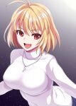  1girl :d antenna_hair arcueid_brunestud bangs blonde_hair blush breasts commentary_request dan_(orange_train) eyebrows_visible_through_hair gradient gradient_background grey_background jewelry large_breasts leaning_forward light_particles long_sleeves necklace open_mouth red_eyes short_hair sidelocks smile solo standing sweater teeth tongue tsukihime tsukihime_(remake) turtleneck turtleneck_sweater upper_body upper_teeth white_sweater 