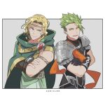  2boys absurdres achilles_(fate) achilles_(hades) armor black_gloves blonde_hair blue_eyes character_name cloak commentary_request crossed_arms crossover fate/apocrypha fate_(series) gloves greek_clothes green_hair hades_(game) highres male_focus multiple_boys namesake open_mouth shoulder_armor smile tia_(cocorosso) yellow_eyes 