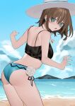  1girl ass back bangs beach bebe_pp bikini black_bikini blue_bikini blue_sky braid breasts brown_hair charlotte_corday_(fate) charlotte_corday_(swimsuit_caster)_(fate) cloud commentary_request day ear_piercing fate/grand_order fate_(series) fingernails flower green_eyes green_nails hair_between_eyes hat highres jewelry looking_at_viewer looking_back looking_to_the_side medium_breasts mismatched_bikini mountain nail_polish open_mouth outdoors pendant piercing rose sand short_hair side_braid signature sky solo sun_hat swimsuit water white_flower white_headwear white_rose 