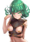  1girl :/ alternate_costume arm_behind_back arm_up breast_cutout breasts chain closed_mouth covered_nipples curly_hair flipped_hair green_eyes green_hair highres jewelry looking_at_viewer midriff navel one-punch_man sai_(abyss05) shiny shiny_hair short_hair simple_background small_breasts solo stomach tatsumaki upper_body white_background 
