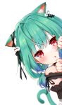  1girl :o absurdres ahoge animal_ear_fluff animal_ears bangs blue_hair blush cat_ears cat_girl cat_tail commentary_request ear_ribbon earrings eyebrows_visible_through_hair ghost_earrings gradient_hair green_hair hair_ornament hair_ribbon hands_up highres hololive jewelry kohe_billialot long_hair looking_at_viewer low_twintails multicolored_hair open_mouth peeking_out pom_pom_(clothes) pom_pom_hair_ornament red_eyes ribbon short_hair short_twintails skull_hair_ornament solo tail tail_raised twintails uruha_rushia virtual_youtuber white_background 