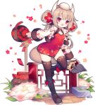  1girl ao_jun ark_order bangs baozi bell black_footwear black_legwear boots brown_hair china_dress chinese_clothes cleavage_cutout clothing_cutout demon_tail double_bun dress faux_figurine flat_chest flower food food_on_head full_body fur-trimmed_jacket fur-trimmed_sleeves fur_trim hair_flower hair_ornament hongbao horns jacket jar jingle_bell long_hair long_sleeves lotus object_on_head official_art red_dress red_eyes red_flower sidelocks solo standing tachi-e tail tail_ornament thighhighs transparent_background white_jacket wooden_floor year_(ark_order) 