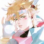  1boy absurdres battle_tendency blonde_hair blue_gloves bubble_blowing caesar_anthonio_zeppeli ez_1011 facial_mark feather_hair_ornament feathers fingerless_gloves gloves green_eyes hair_between_eyes hair_ornament headband highres jojo_no_kimyou_na_bouken looking_at_viewer male_focus ok_sign parted_lips portrait short_hair simple_background solo turtleneck upper_body white_background 