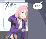  1girl ahoge alph_(sancheck) arknights black_choker blue_eyes blue_poison_(arknights) cake choker constricted_pupils food jacket open_mouth pink_hair purple_jacket shirt solo thighhighs white_shirt zzz 