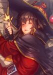  1girl ^^^ artist_name bangs belt black_belt black_cloak black_gloves black_headwear brown_eyes brown_hair cape cloak commentary deathwingxiii dress fingerless_gloves gloves hair_between_eyes hat kono_subarashii_sekai_ni_shukufuku_wo! lips lying megumin nose on_ground on_side parted_lips realistic red_dress short_hair short_hair_with_long_locks signature solo staff thumbs_up upper_body witch_hat 