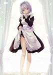  1girl absurdres apron curtains highres index_finger_raised legs lifted_by_self long_sleeves looking_at_viewer maid maid_apron maid_headdress original red_eyes short_hair silver_hair solo standing suwakana white_apron 
