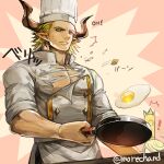  1boy 1girl baotorda bara blonde_hair charlotta_(granblue_fantasy) chef chef_hat chef_uniform cooking cow_boy cow_horns draph egg_yolk feet_out_of_frame frying_pan granblue_fantasy hat holding holding_frying_pan horns male_focus mature_male moreshan muscular muscular_male pectoral_cleavage pectorals shirt short_hair sideburns sleeves_rolled_up solo_focus sweatdrop tight torn_clothes torn_shirt 